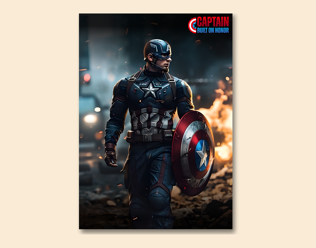 "CAPTAIN AMERICA - BUILT ON HONOR" -Shiny & Sturdy Metallic Poster Art That Pops & Sticks