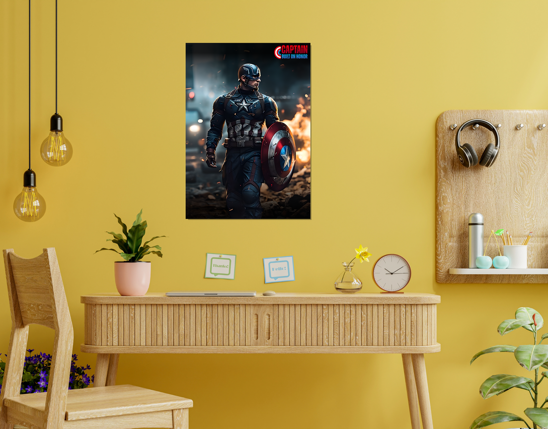 "CAPTAIN AMERICA - BUILT ON HONOR" -Shiny & Sturdy Metallic Poster Art That Pops & Sticks
