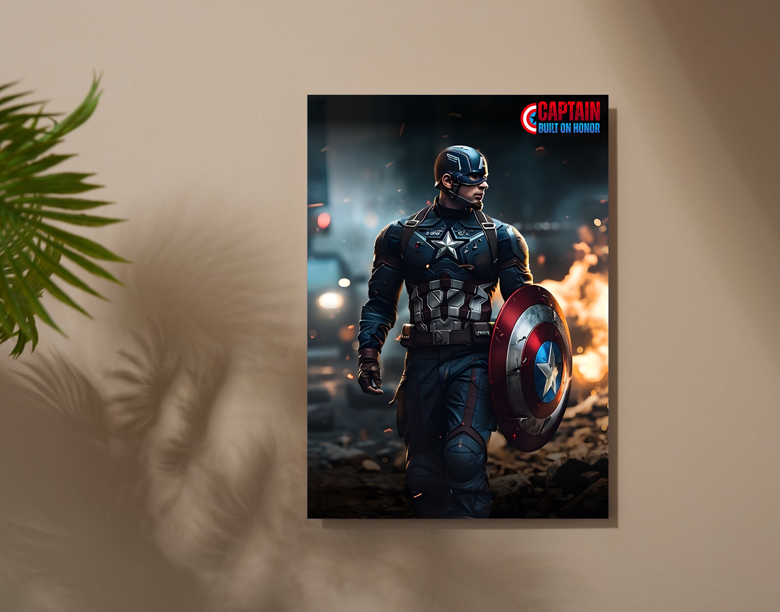 "CAPTAIN AMERICA - BUILT ON HONOR" -Shiny & Sturdy Metallic Poster Art That Pops & Sticks