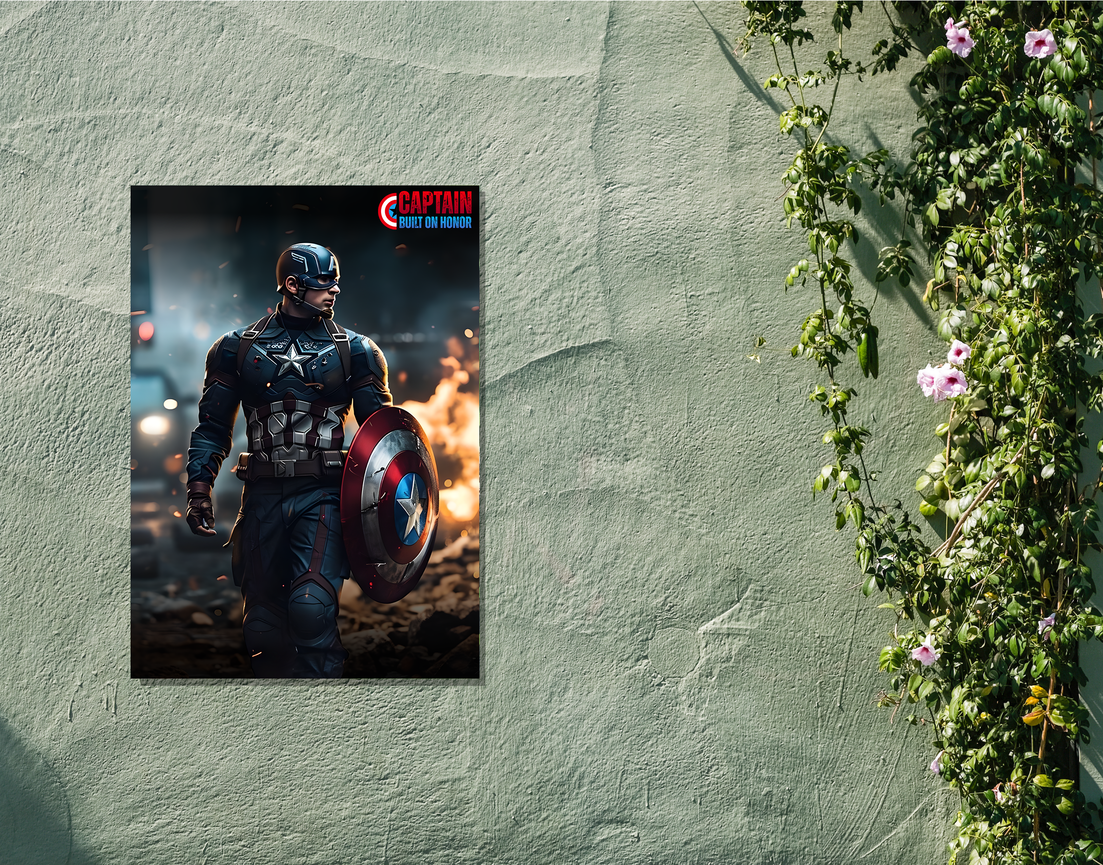 "CAPTAIN AMERICA - BUILT ON HONOR" -Shiny & Sturdy Metallic Poster Art That Pops & Sticks