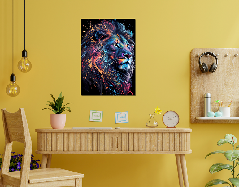"Neon Lion Energy- Lion" -Shiny & Sturdy Metallic Poster Art That Pops & Sticks