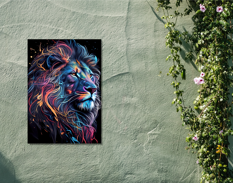 "Neon Lion Energy- Lion" -Shiny & Sturdy Metallic Poster Art That Pops & Sticks