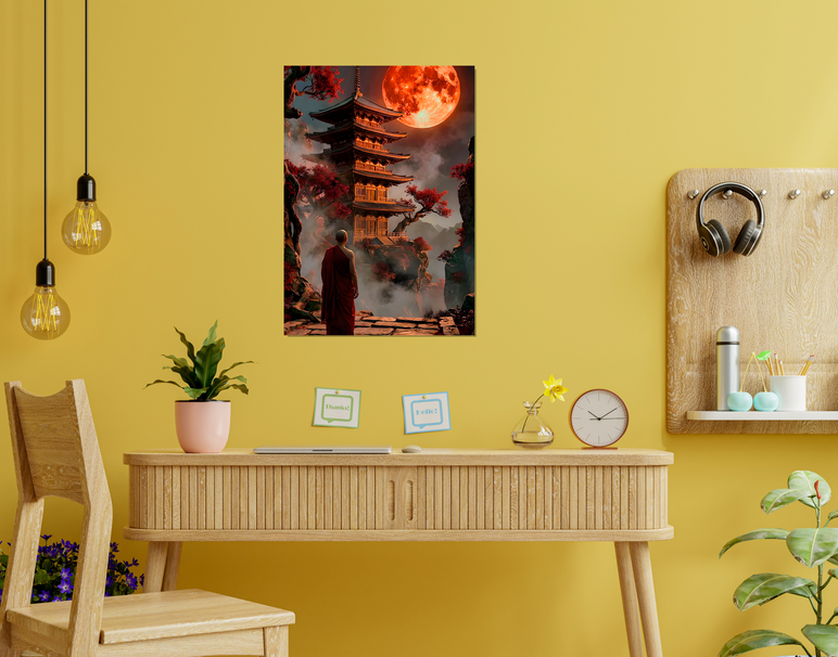 "Moonlit Temple Calm" -Shiny & Sturdy Metallic Poster Art That Pops & Sticks