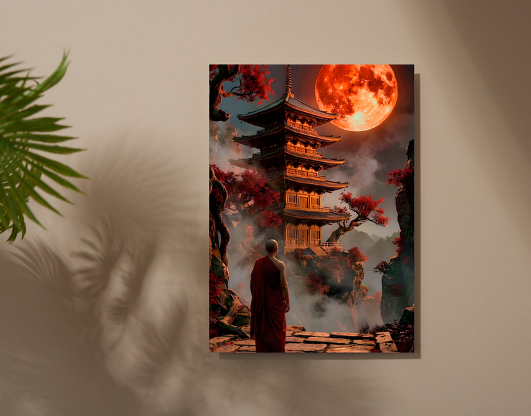"Moonlit Temple Calm" -Shiny & Sturdy Metallic Poster Art That Pops & Sticks