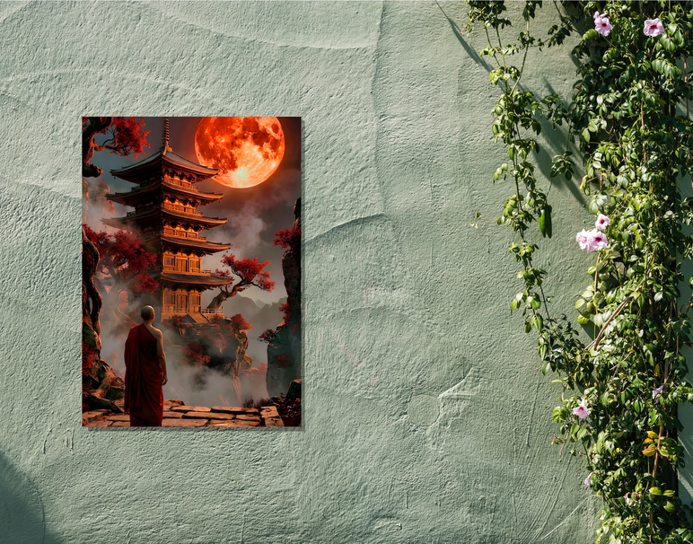 "Moonlit Temple Calm" -Shiny & Sturdy Metallic Poster Art That Pops & Sticks