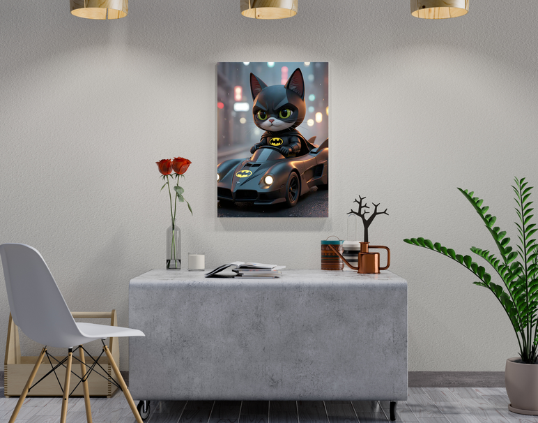 "Batcat Racer Mode" -Shiny & Sturdy Metallic Poster Art That Pops & Sticks