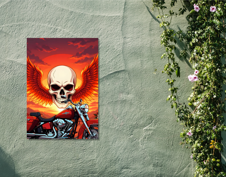 "Biker Skull Flame" -Shiny & Sturdy Metallic Poster Art That Pops & Sticks