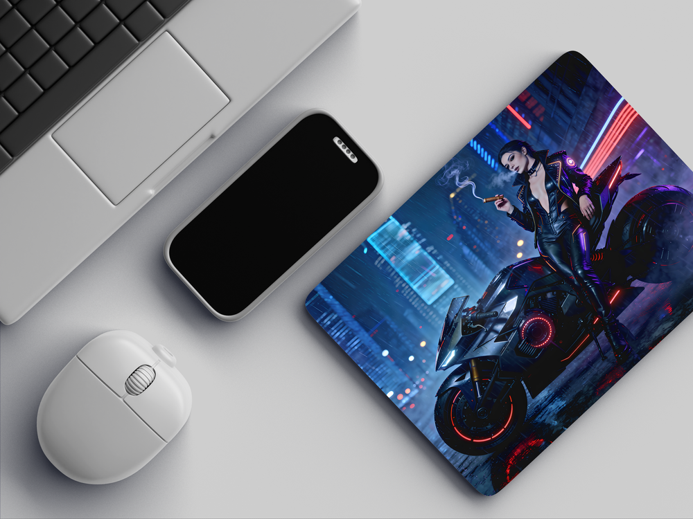 "A CYBERPUNK QUEEN IN THE RAIN" Mousepad Enhance Your Workspace with Style