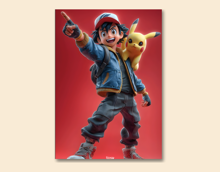 "ASH KETCHUM WITH PIKACHU" -Shiny & Sturdy Metallic Poster Art That Pops & Sticks