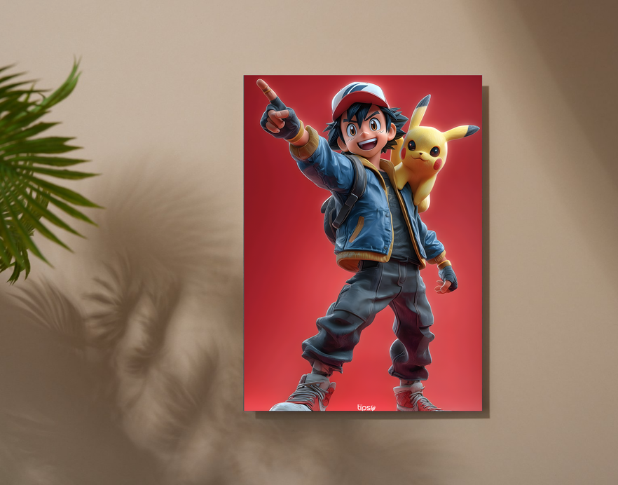 "ASH KETCHUM WITH PIKACHU" -Shiny & Sturdy Metallic Poster Art That Pops & Sticks