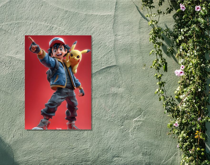 "ASH KETCHUM WITH PIKACHU" -Shiny & Sturdy Metallic Poster Art That Pops & Sticks