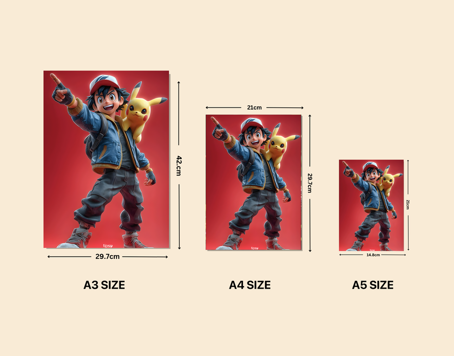 "ASH KETCHUM WITH PIKACHU" -Shiny & Sturdy Metallic Poster Art That Pops & Sticks