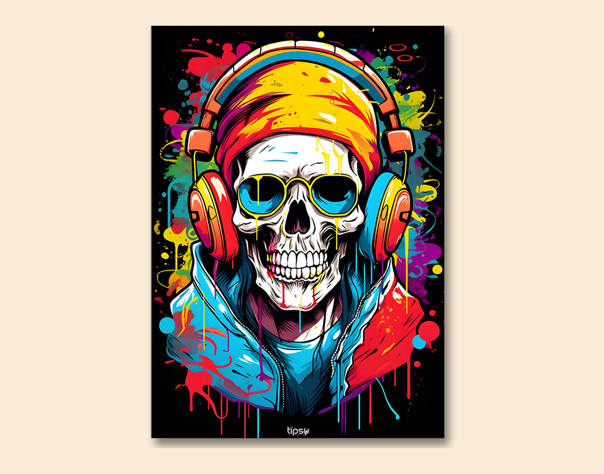 "SKULL WITH HEADPHONE " -Shiny & Sturdy Metallic Poster Art That Pops & Sticks