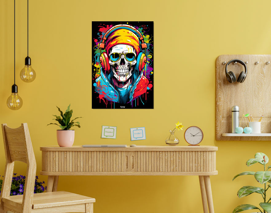 "SKULL WITH HEADPHONE " -Shiny & Sturdy Metallic Poster Art That Pops & Sticks