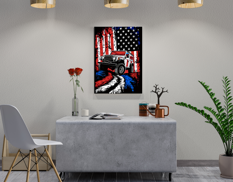 "JEEP WRANGLER WITH AMERICAN FLAG BACKDROP " -Shiny & Sturdy Metallic Poster Art That Pops & Sticks