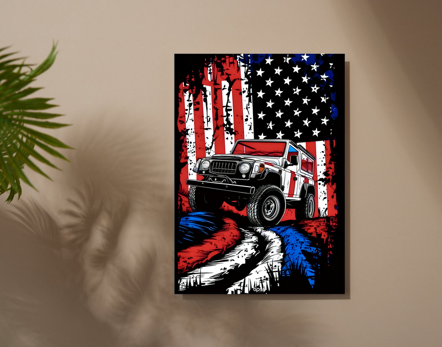 "JEEP WRANGLER WITH AMERICAN FLAG BACKDROP " -Shiny & Sturdy Metallic Poster Art That Pops & Sticks