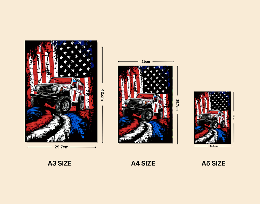 "JEEP WRANGLER WITH AMERICAN FLAG BACKDROP " -Shiny & Sturdy Metallic Poster Art That Pops & Sticks