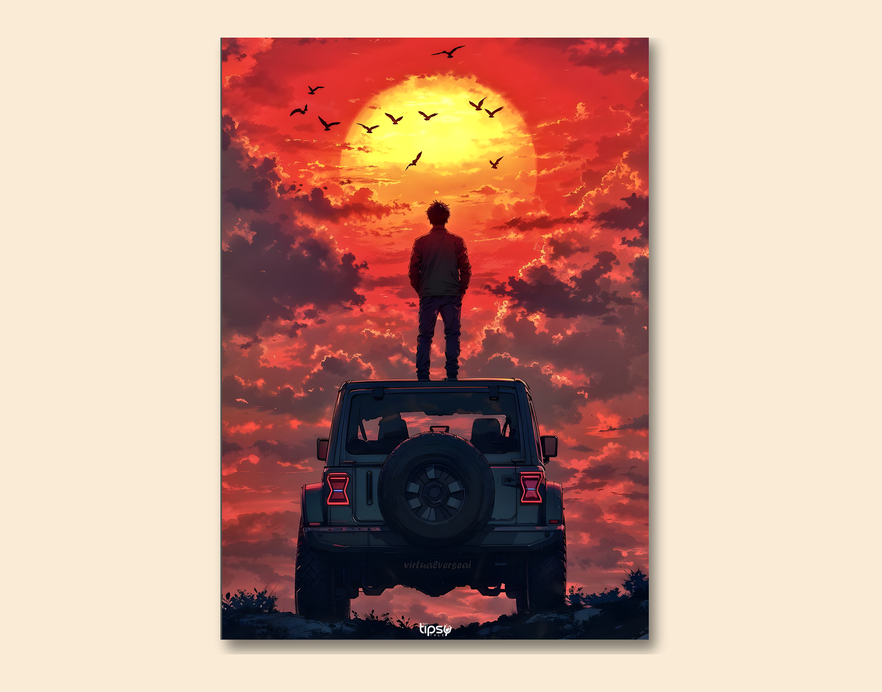 "A MAN WITH JEEP WRANGLER " -Shiny & Sturdy Metallic Poster Art That Pops & Sticks