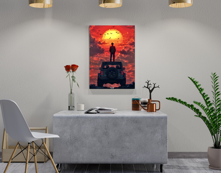 "A MAN WITH JEEP WRANGLER " -Shiny & Sturdy Metallic Poster Art That Pops & Sticks