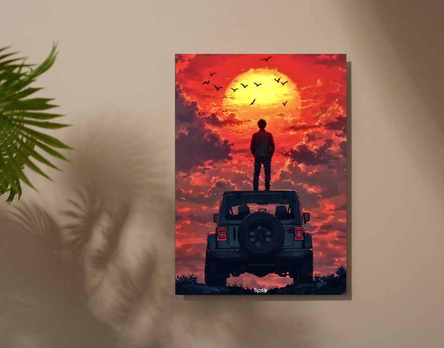 "A MAN WITH JEEP WRANGLER " -Shiny & Sturdy Metallic Poster Art That Pops & Sticks