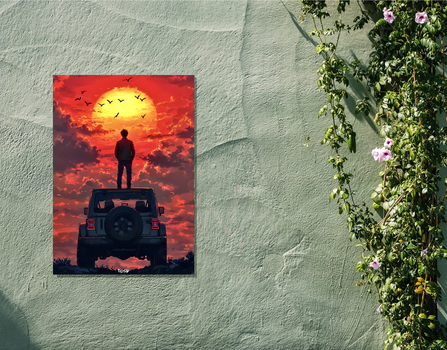 "A MAN WITH JEEP WRANGLER " -Shiny & Sturdy Metallic Poster Art That Pops & Sticks