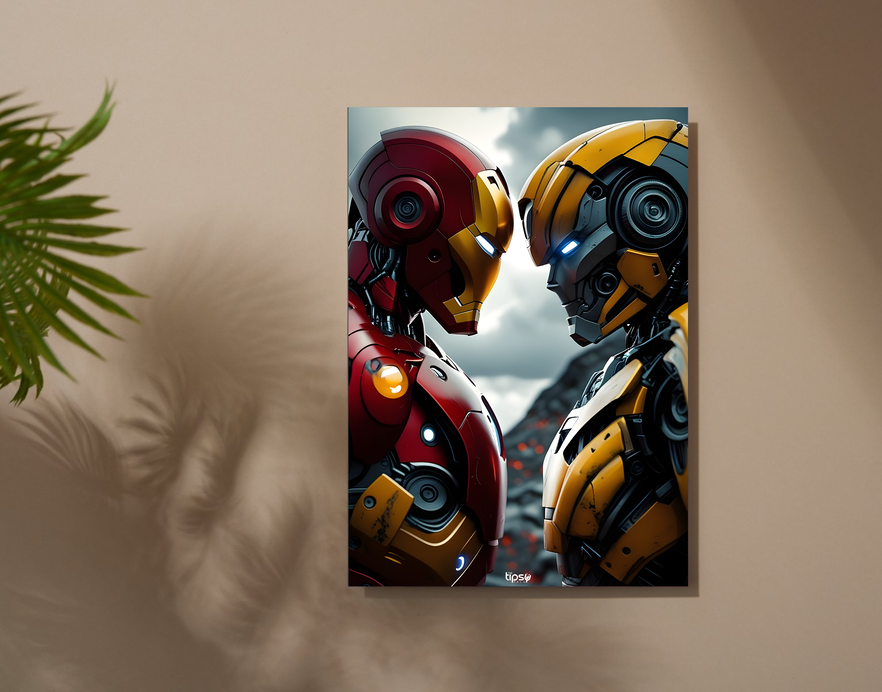 "IRON MAN VS BUMBLEBEE " -Shiny & Sturdy Metallic Poster Art That Pops & Sticks