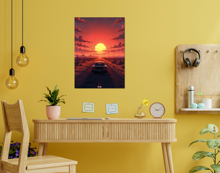 "RETRO CAR SUNSET " -Shiny & Sturdy Metallic Poster Art That Pops & Sticks