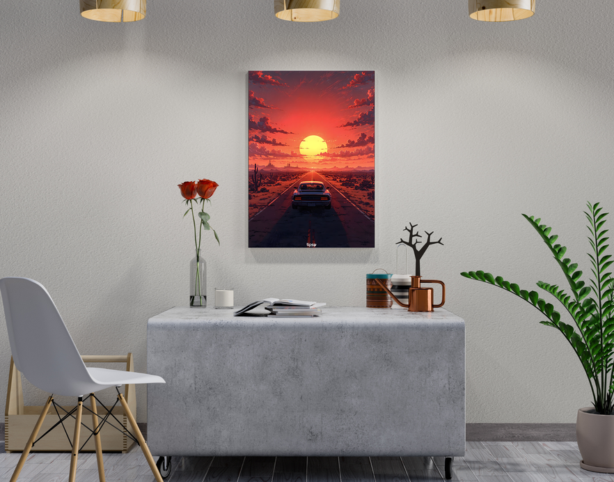 "RETRO CAR SUNSET " -Shiny & Sturdy Metallic Poster Art That Pops & Sticks