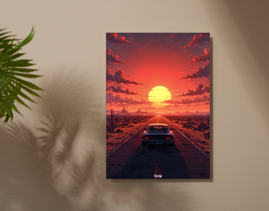 "RETRO CAR SUNSET " -Shiny & Sturdy Metallic Poster Art That Pops & Sticks