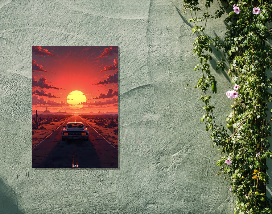 "RETRO CAR SUNSET " -Shiny & Sturdy Metallic Poster Art That Pops & Sticks