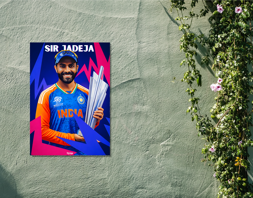 "SIR RAVINDRA JADEJA: CRICKET FANDOM" -Shiny & Sturdy Metallic Poster Art That Pops & Sticks