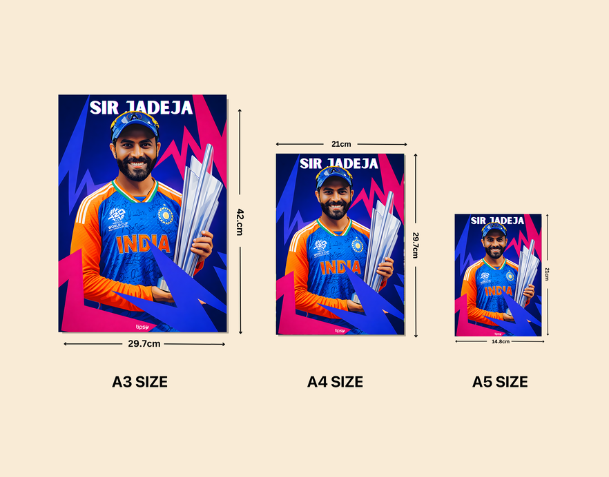 "SIR RAVINDRA JADEJA: CRICKET FANDOM" -Shiny & Sturdy Metallic Poster Art That Pops & Sticks