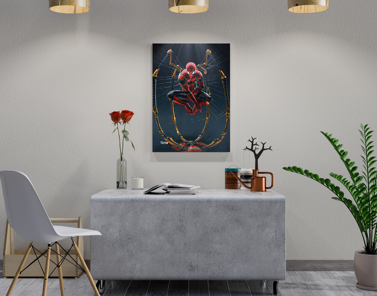 "IRON SPIDERMAN WITH SHIELD" -Shiny & Sturdy Metallic Poster Art That Pops & Sticks
