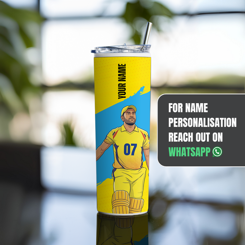 "MS DHONI 7 - CRICKET FAN BASE " Tumbler with Metal Straw