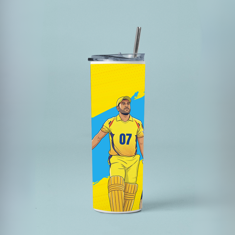 "MS DHONI 7 - CRICKET FAN BASE " Tumbler with Metal Straw