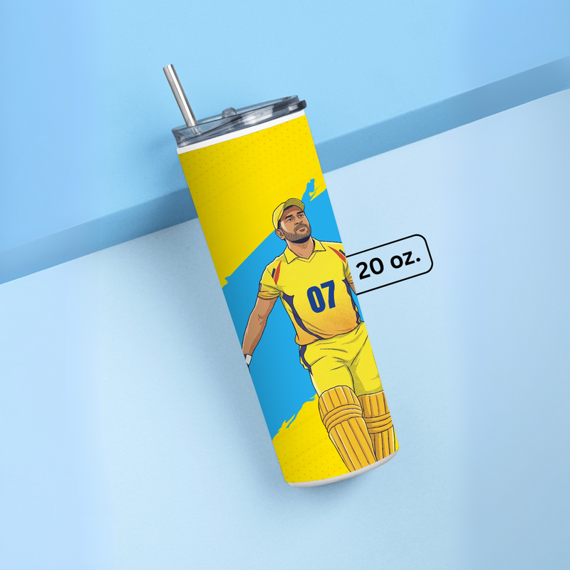 "MS DHONI 7 - CRICKET FAN BASE " Tumbler with Metal Straw