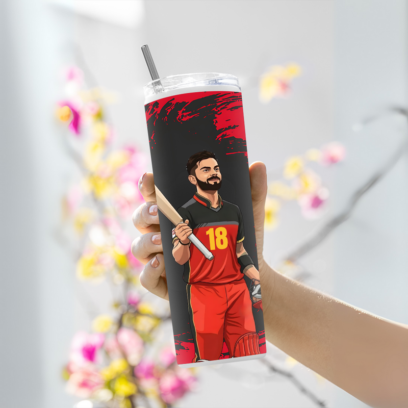 "VIRAT KOHLI 18 - CRICKET FAN BASE " Tumbler with Metal Straw