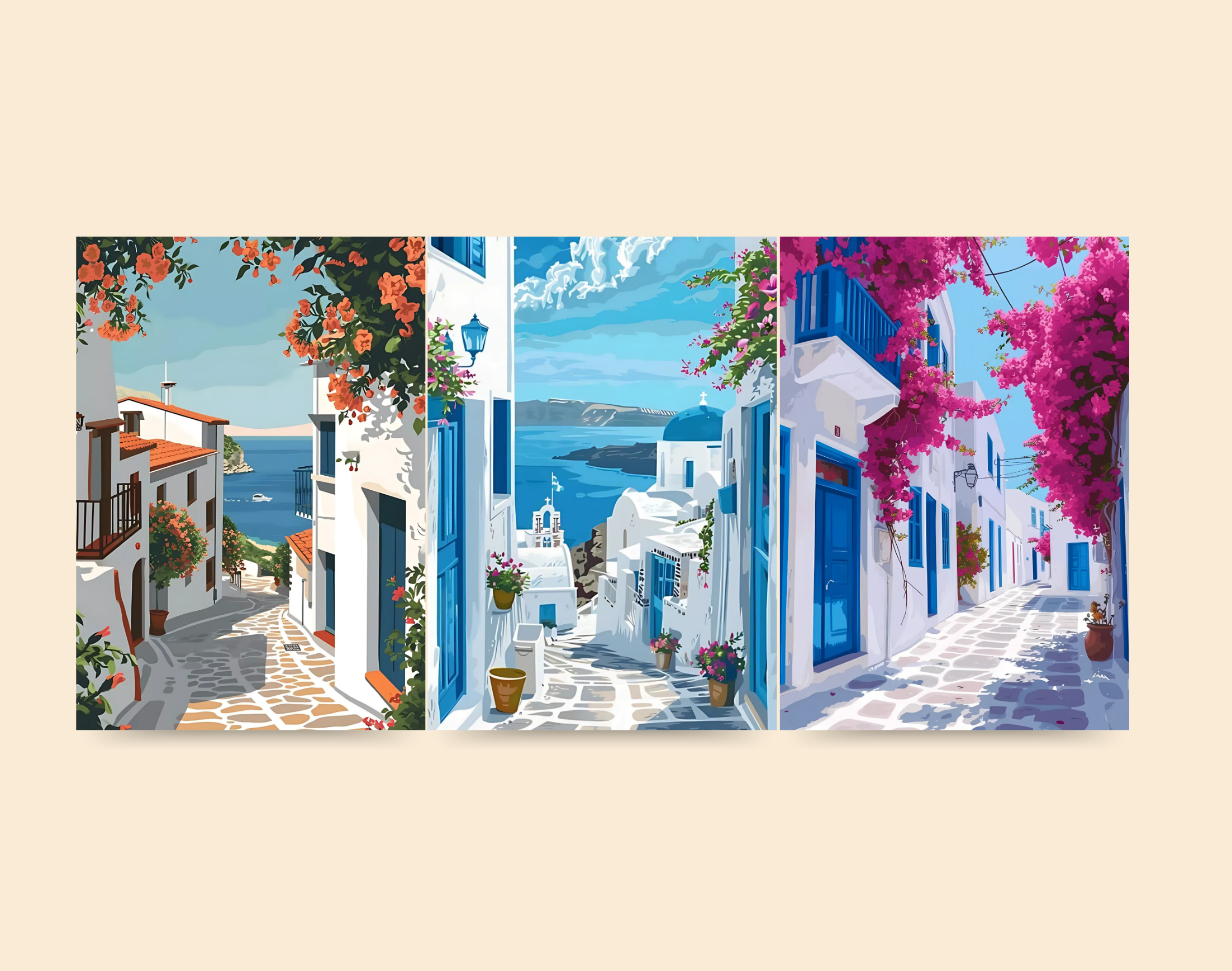 "OIA GREECE THEME STREET"- Shiny & Sturdy Metallic Poster Art That Pops & Sticks