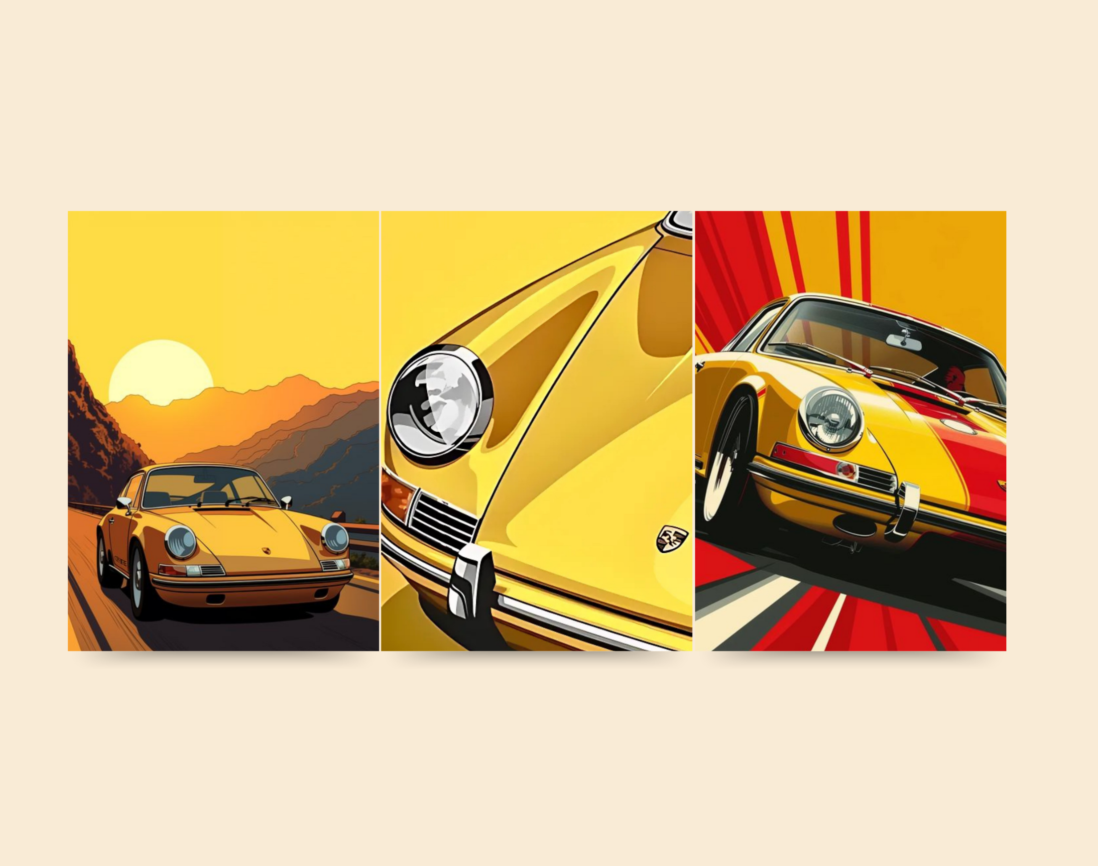 "YELLOW PORCHE ILLUSTRATION"- Shiny & Sturdy Metallic Poster Art That Pops & Sticks