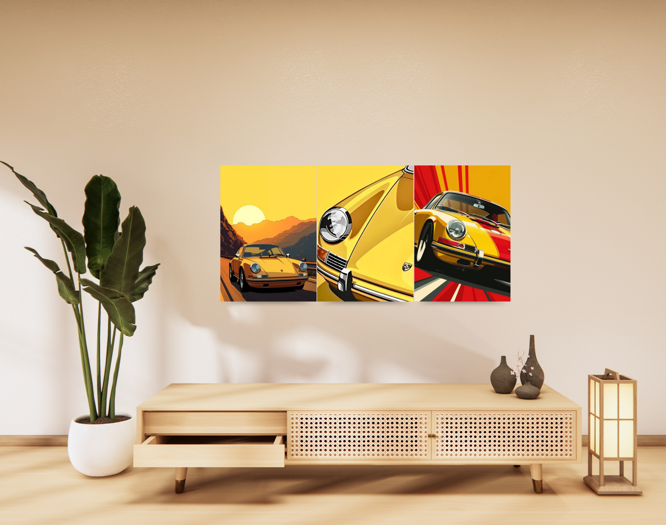 "YELLOW PORCHE ILLUSTRATION"- Shiny & Sturdy Metallic Poster Art That Pops & Sticks