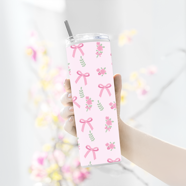 "CONQUETTE PINK BOWS PATTERN" Tumbler with Metal Straw