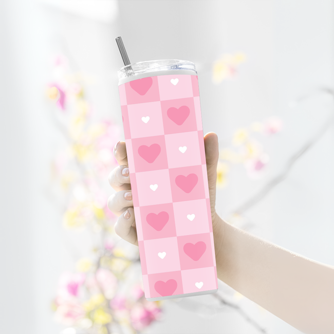 "PINK HEART ABSTRACT" Tumbler with Metal Straw