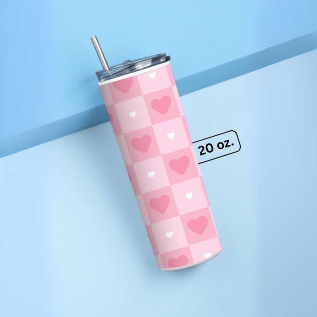 "PINK HEART ABSTRACT" Tumbler with Metal Straw
