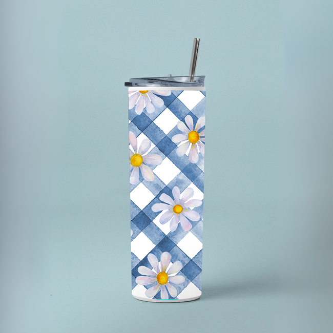"WATERCOLOR DAISY FLORAL " Tumbler with Metal Straw