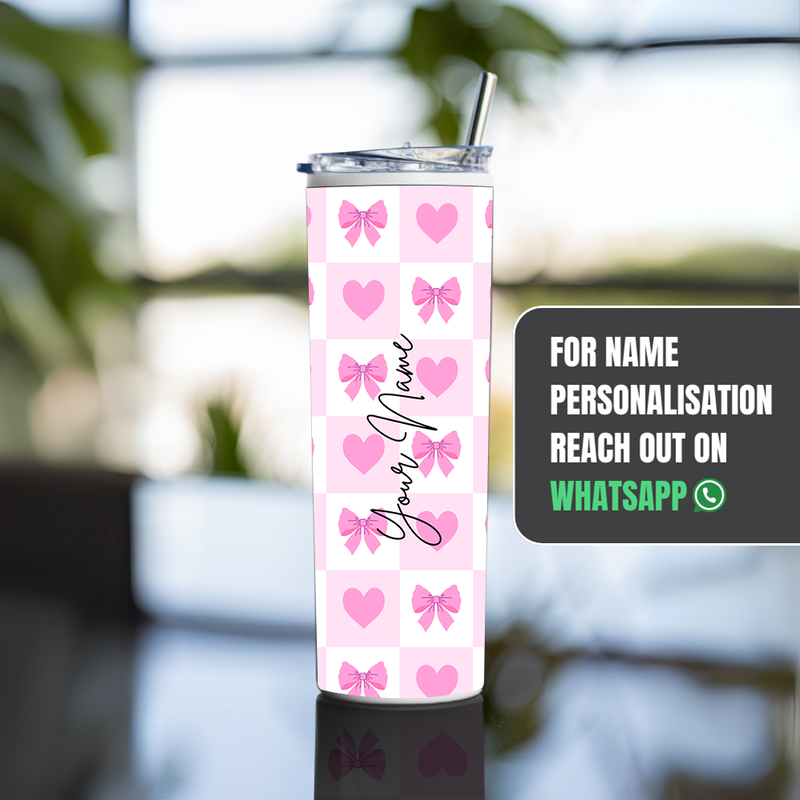 "PINK HEARTS & BOW PATTERN" Tumbler with Metal Straw