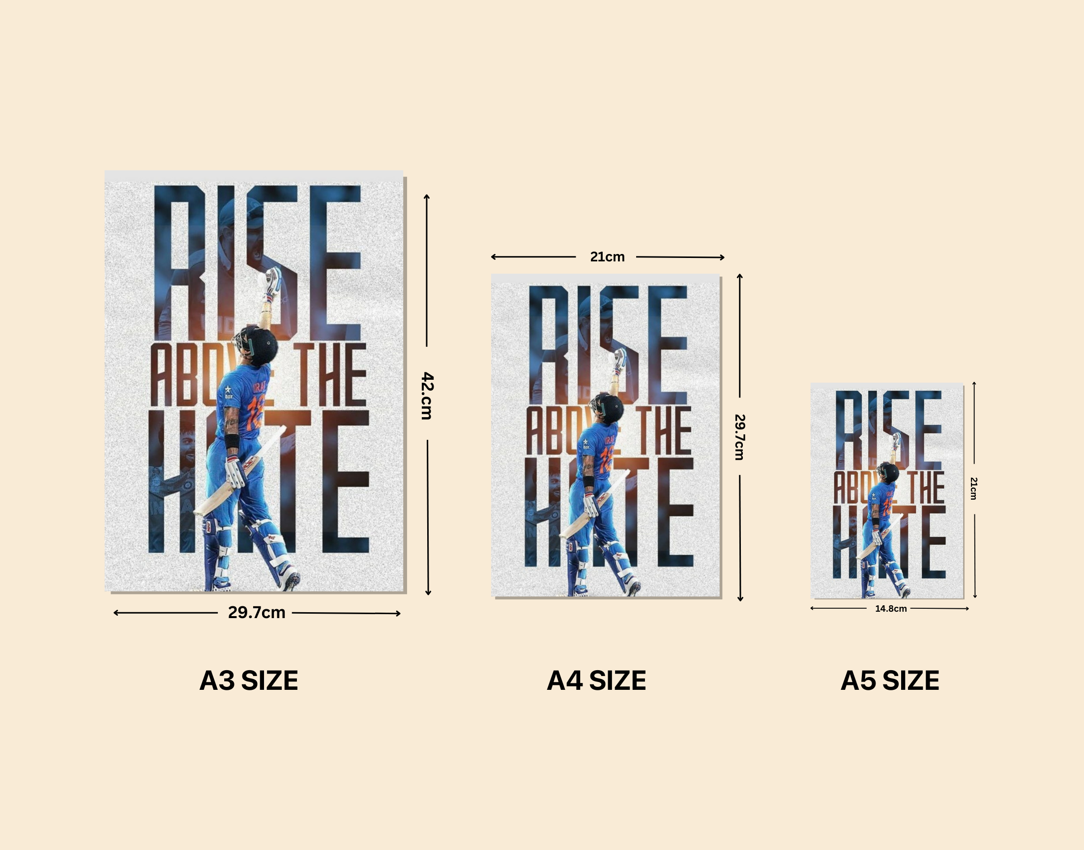 "RISE ABOVE THE HATE: Virat Kholi"- Shiny & Sturdy Metallic Poster Art That Pops & Sticks