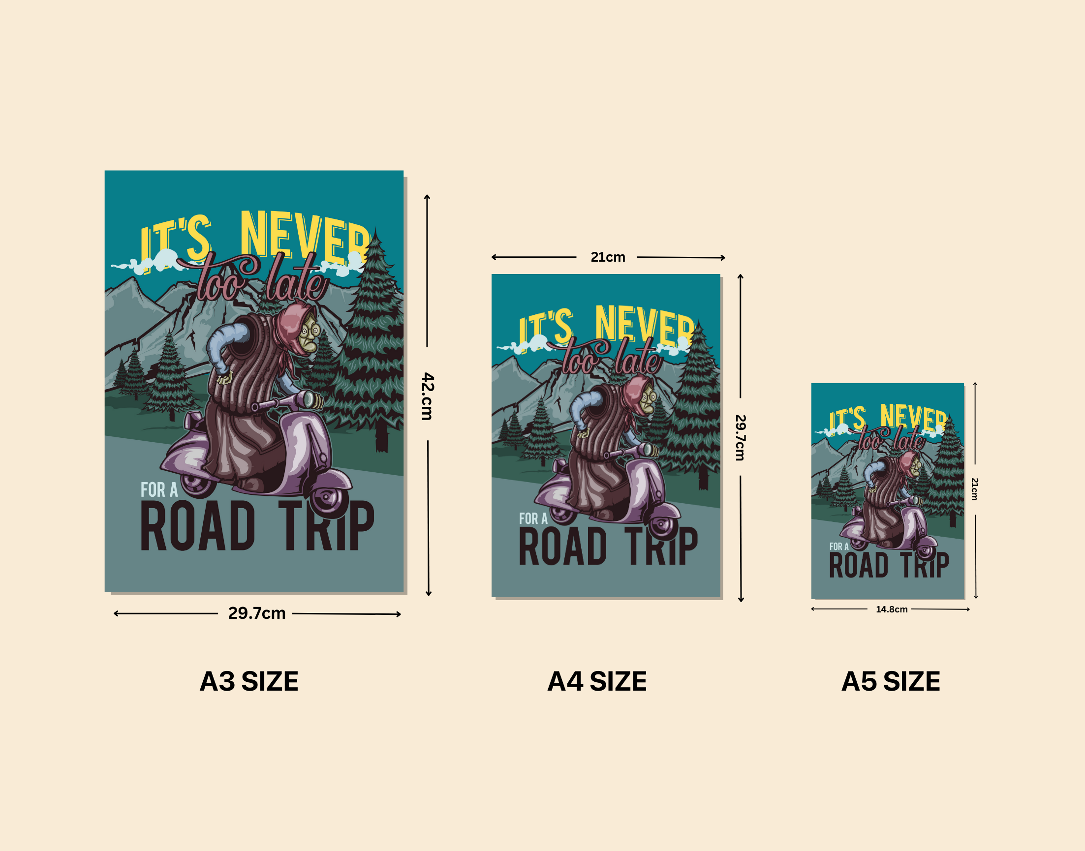 "It's Never Too Late For A Road Trip"- Shiny & Sturdy Metallic Poster Art That Pops & Sticks