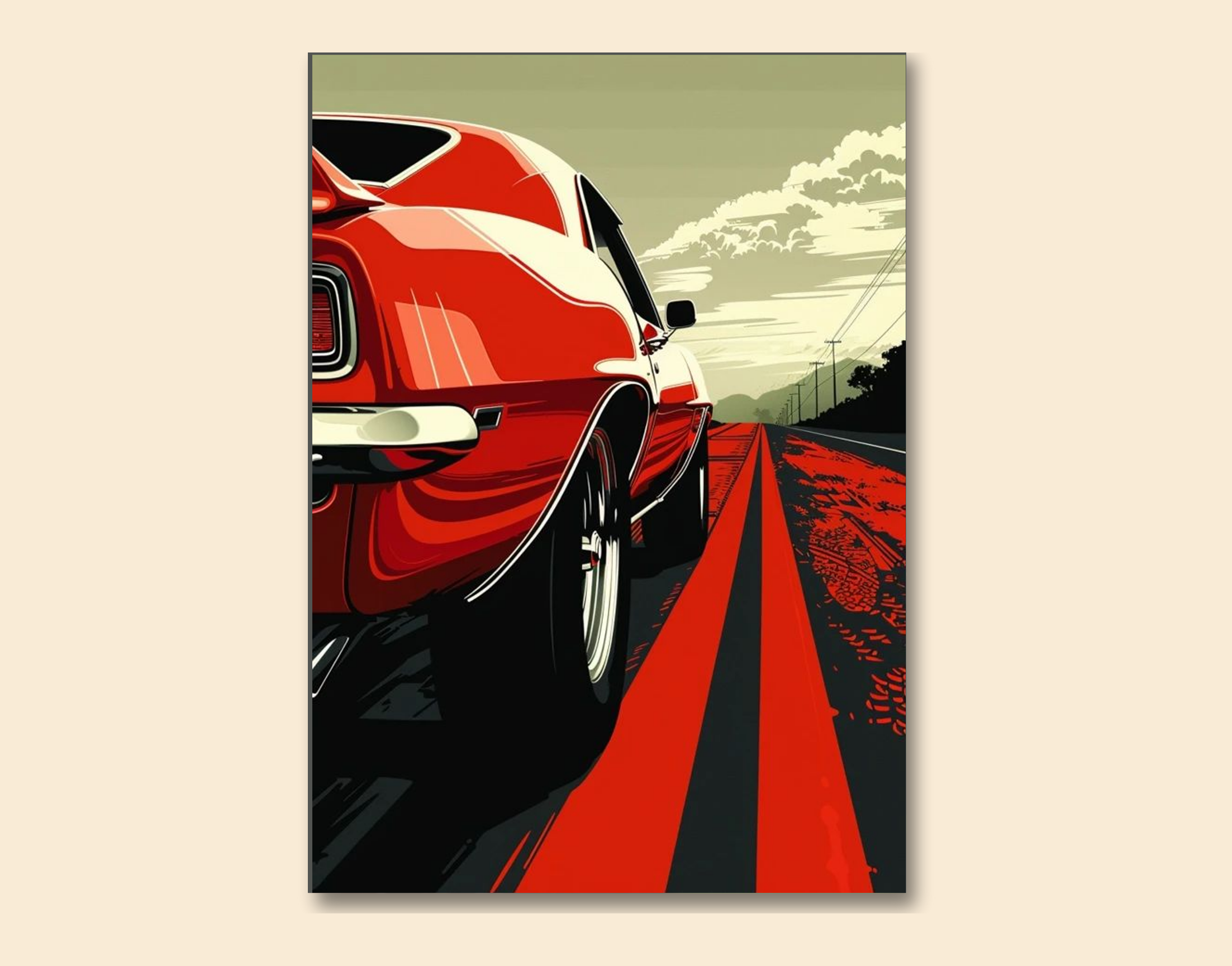 "Red Car on Highway"- Shiny & Sturdy Metallic Poster Art That Pops & Sticks