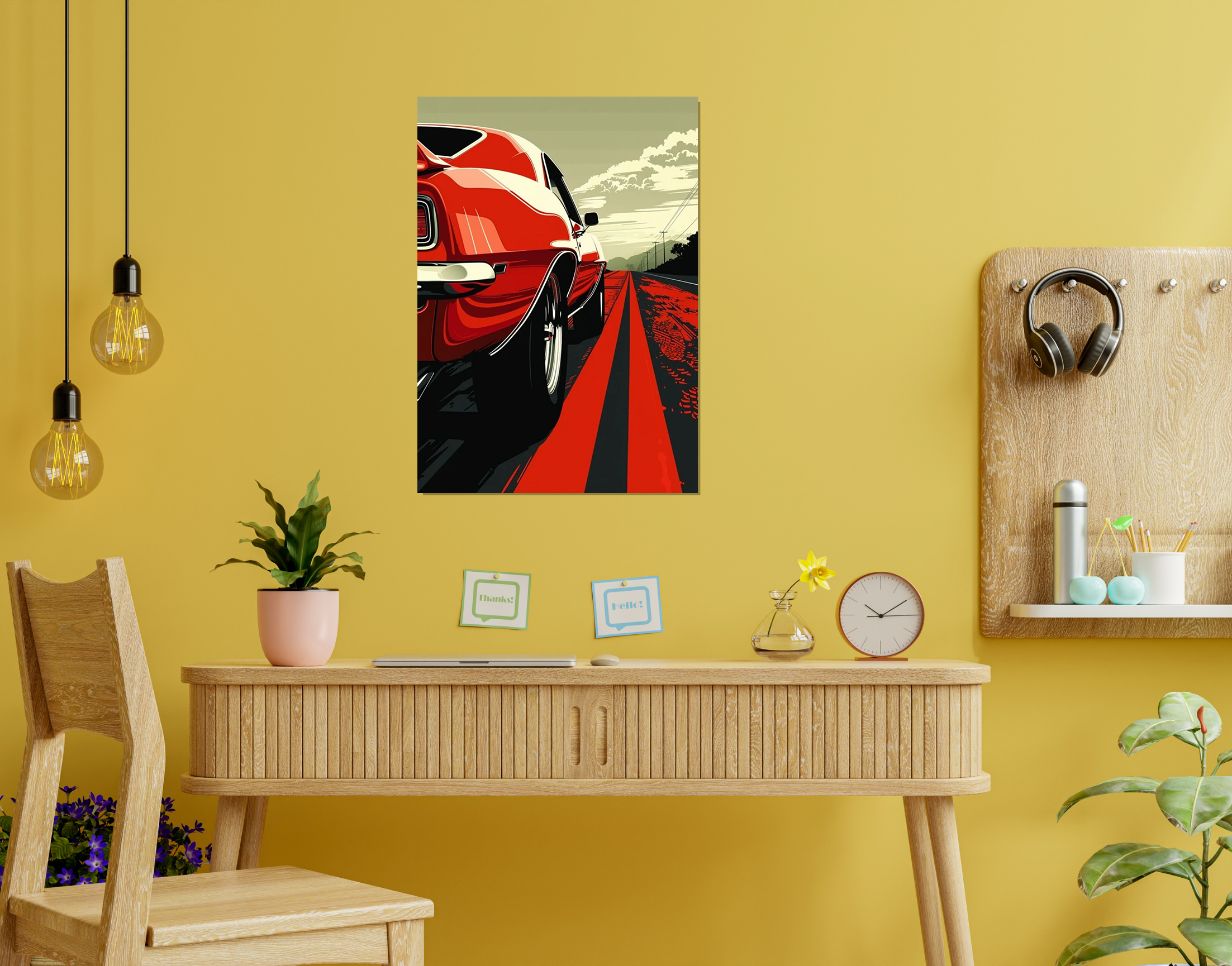 "Red Car on Highway"- Shiny & Sturdy Metallic Poster Art That Pops & Sticks