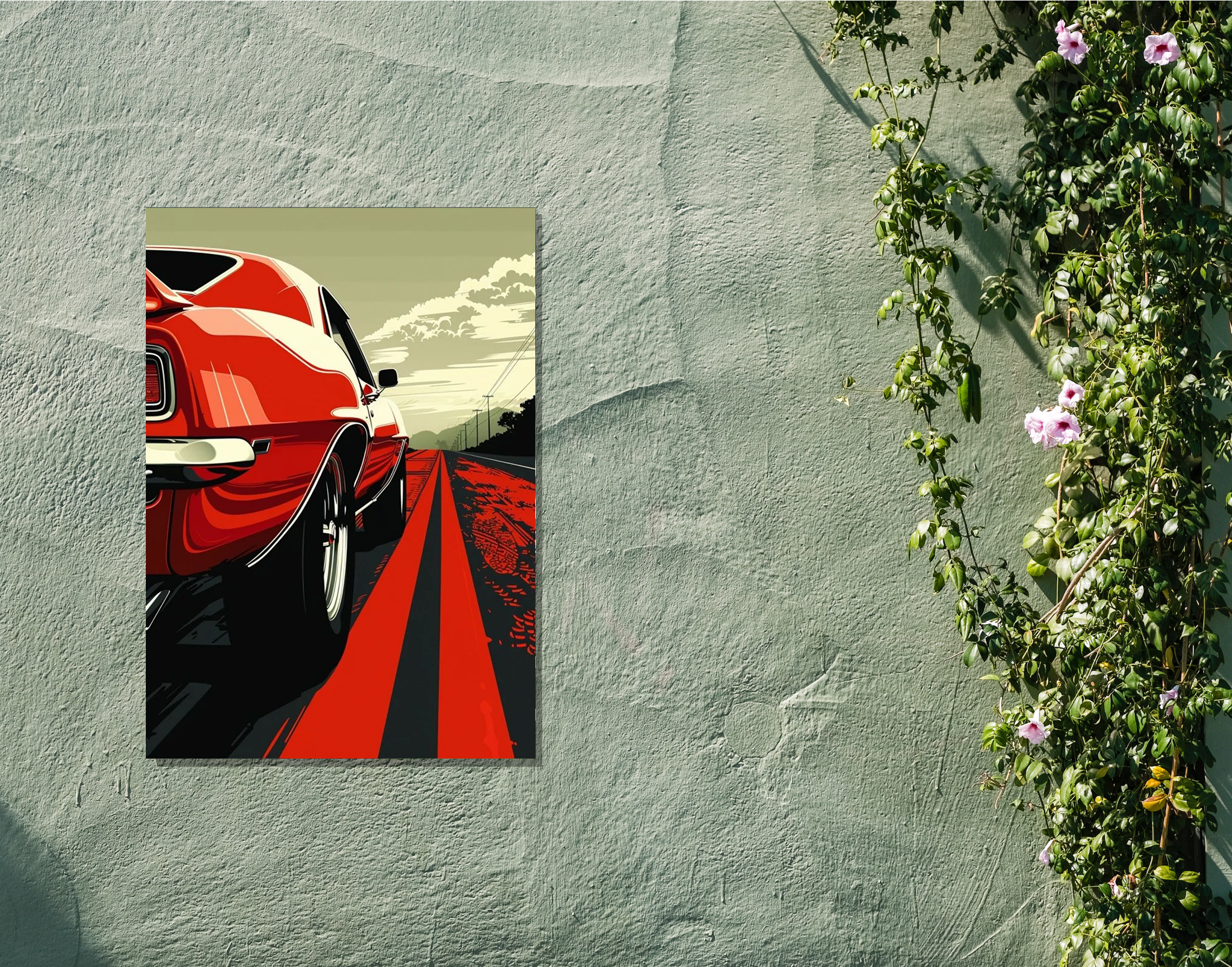 "Red Car on Highway"- Shiny & Sturdy Metallic Poster Art That Pops & Sticks